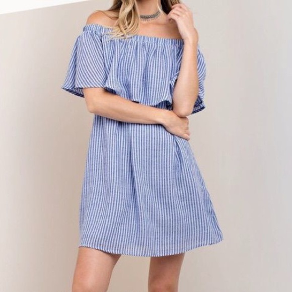 Kori America Blue Striped Off The Shoulder Dress - Picture 1 of 6